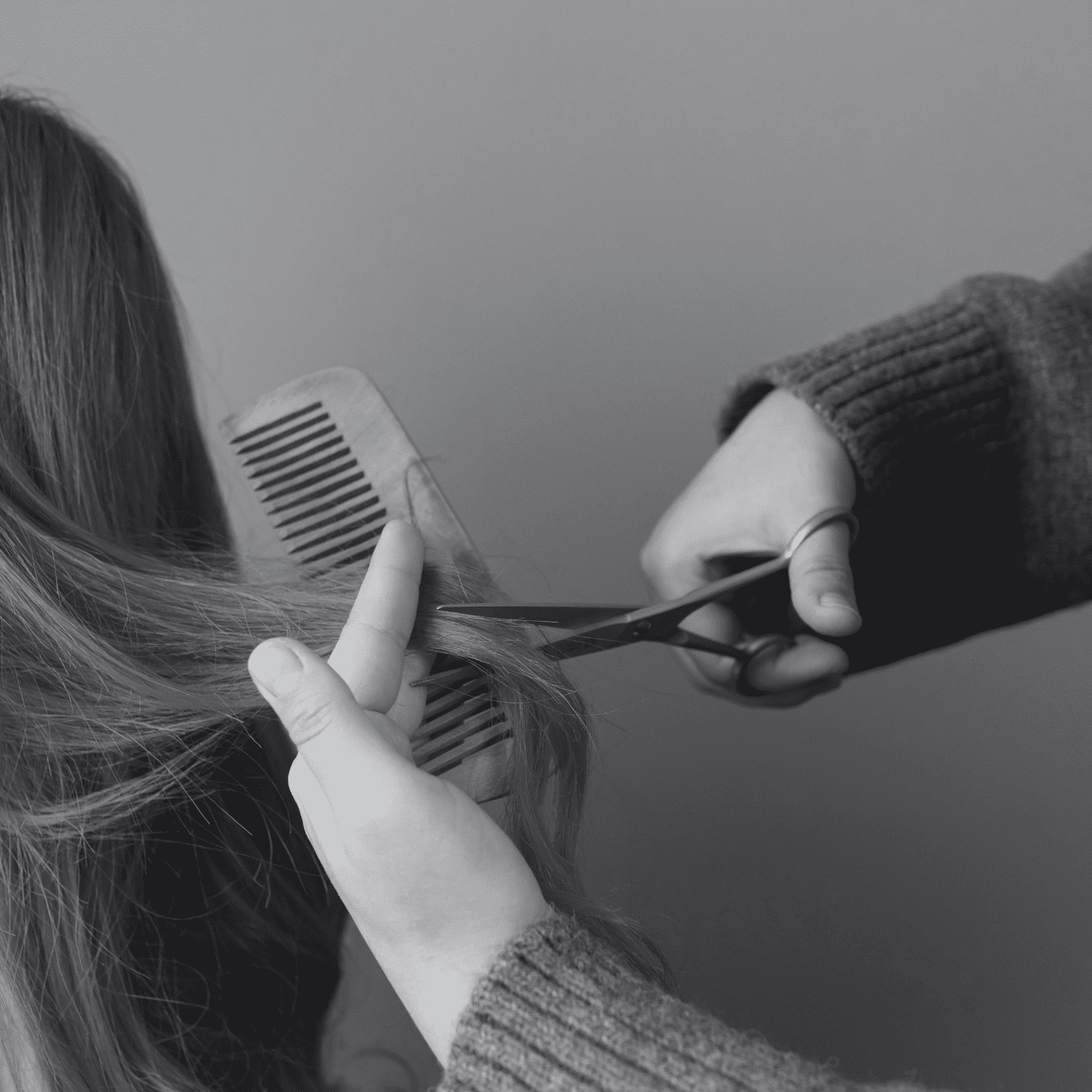 Hair being cut with scissors and comb held by stylist's hands.