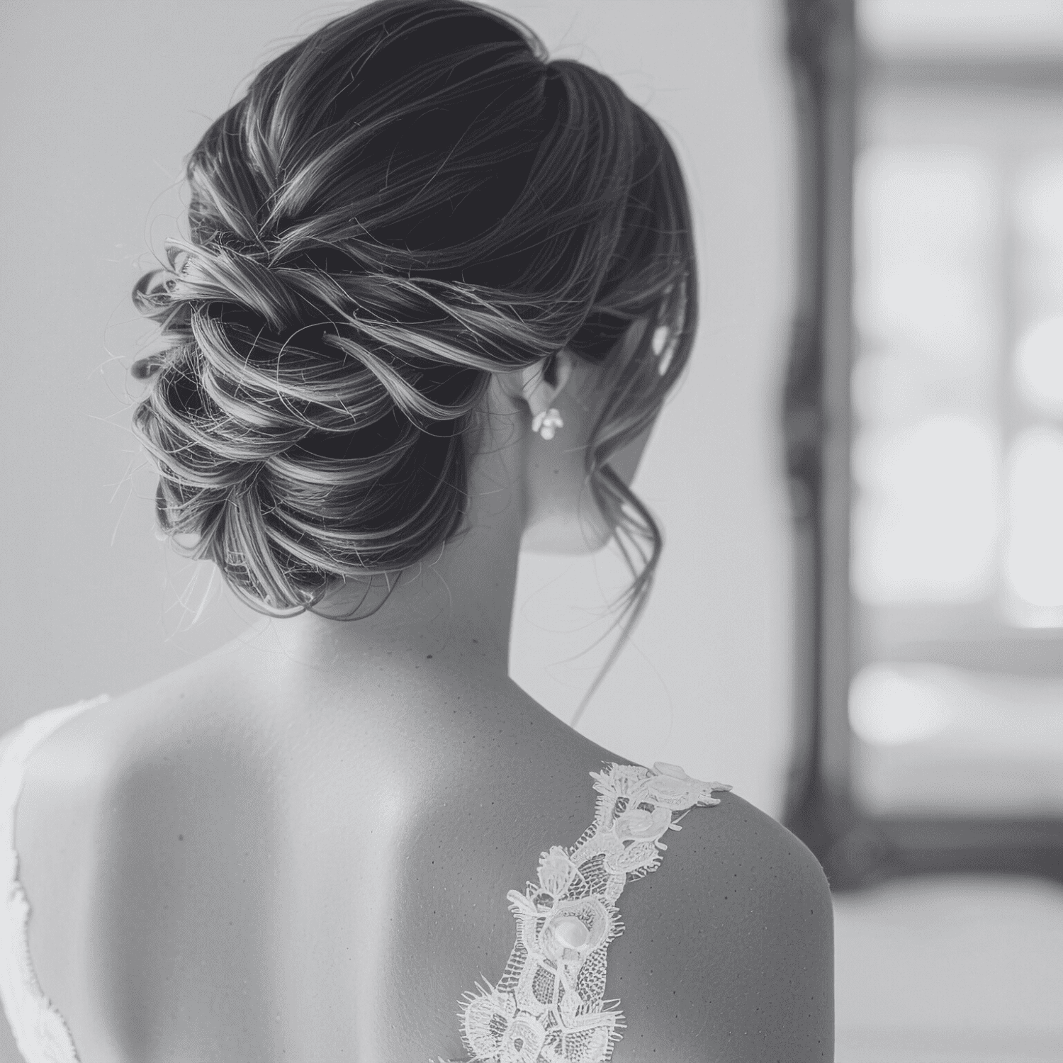 Elegant bride with intricate updo hairstyle and lace gown, facing a mirror.
